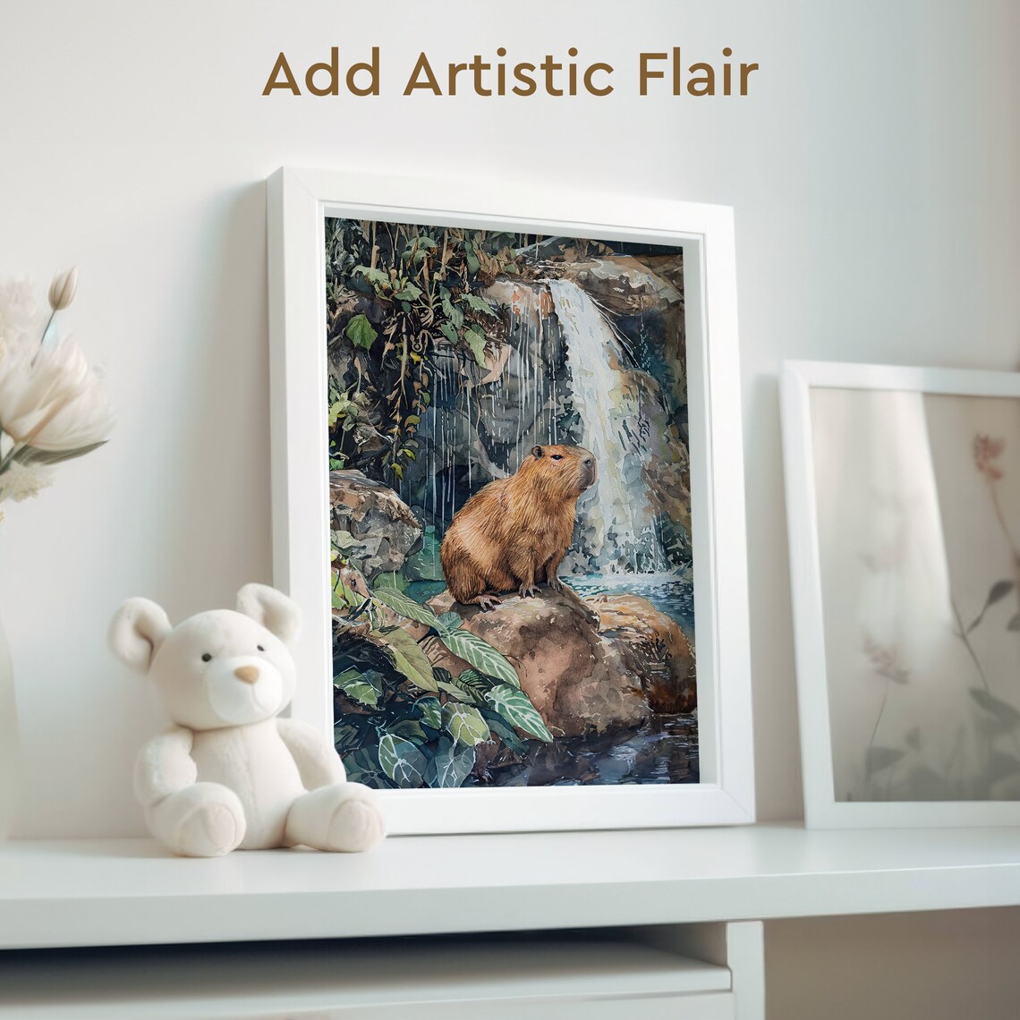 Tropical Rainforest Waterfall Capybara Watercolor Poster - Image 2