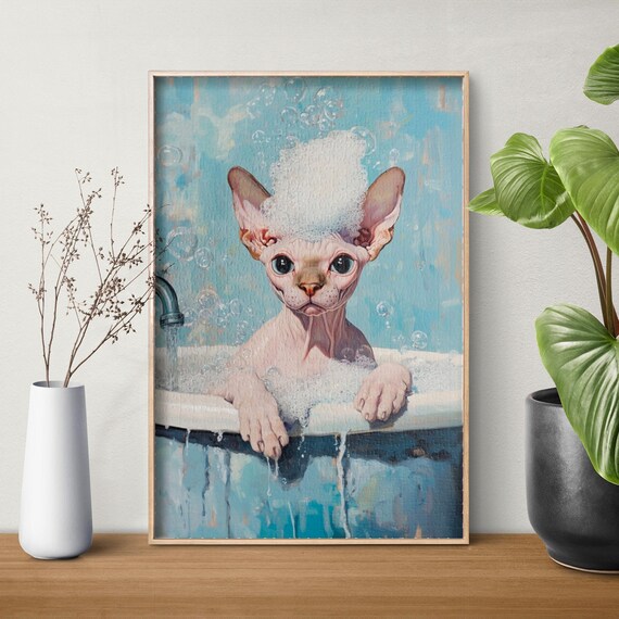 Sphynx Cat in a Bubble Bath with a Crown of Foam on Its Head Poster