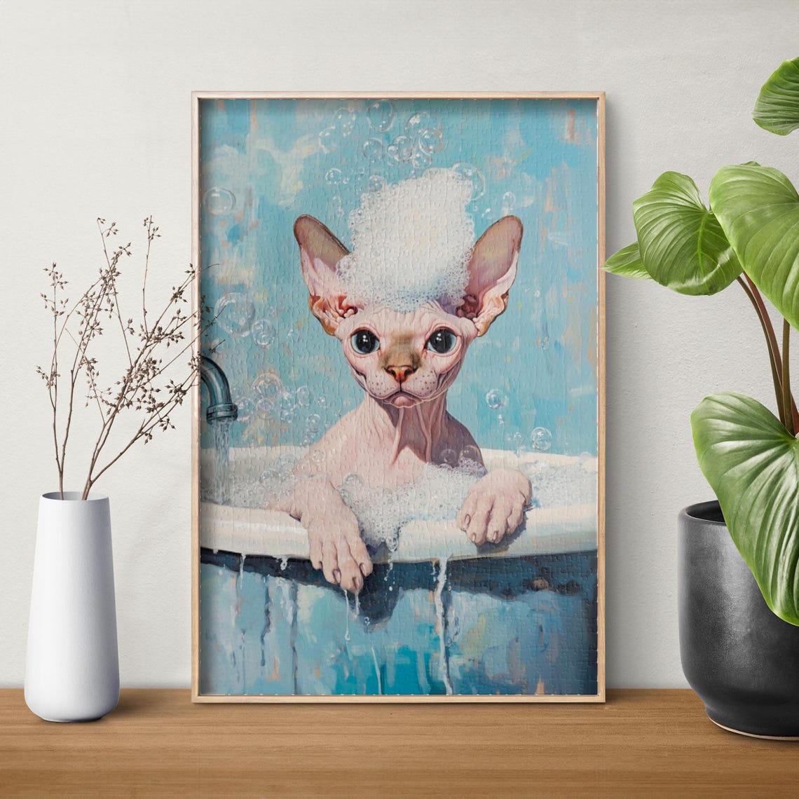 Sphynx Cat in a Bubble Bath with a Crown of Foam on Its Head Poster