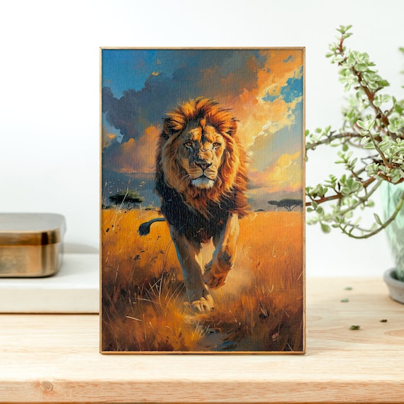 Regal Lion Striding Across Golden Savannah Under Dramatic Sky Poster