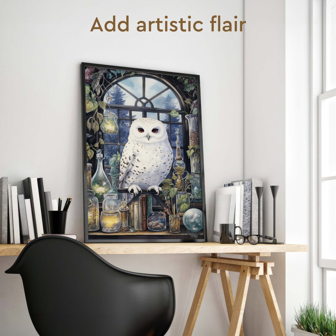 Snowy White Owl in a Magical Apothecary Potion Shop Scene Poster - Image 2