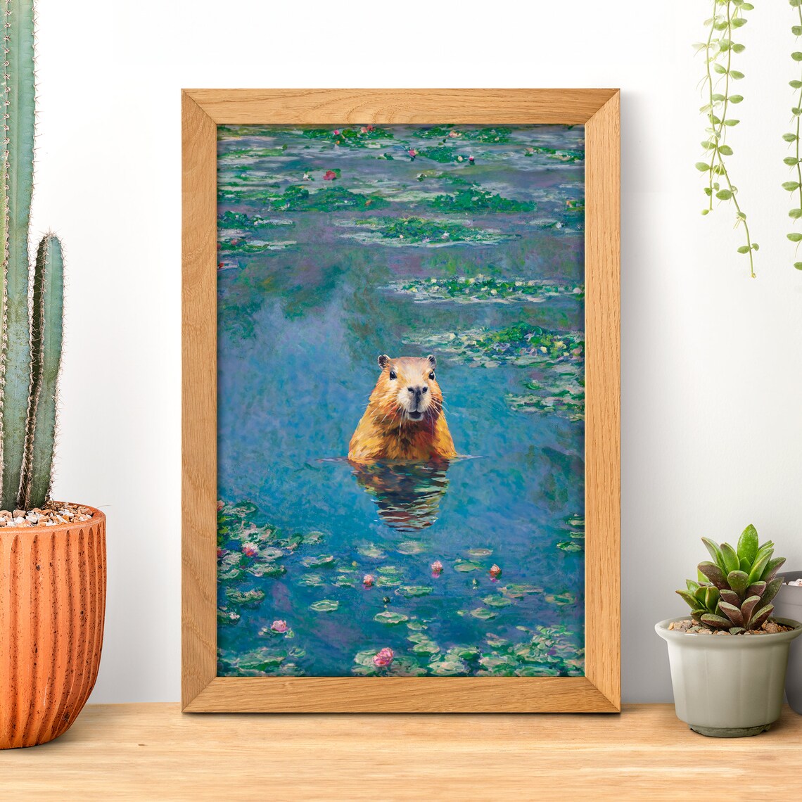 Capybara Swimming in a Monet Style Water Lily Pond Painting Poster