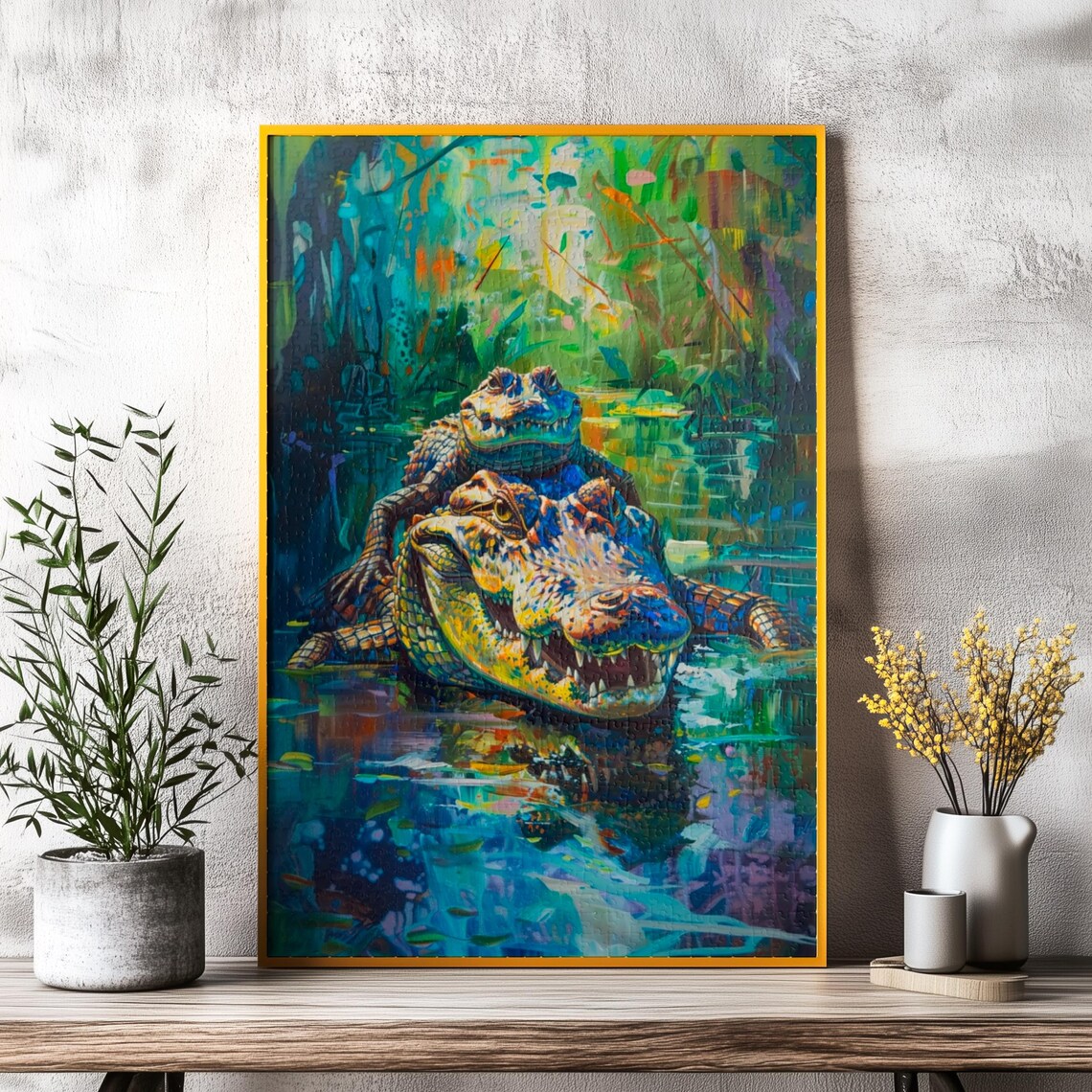 Colorful Crocodile Family Swimming in a Vibrant Swamp Poster