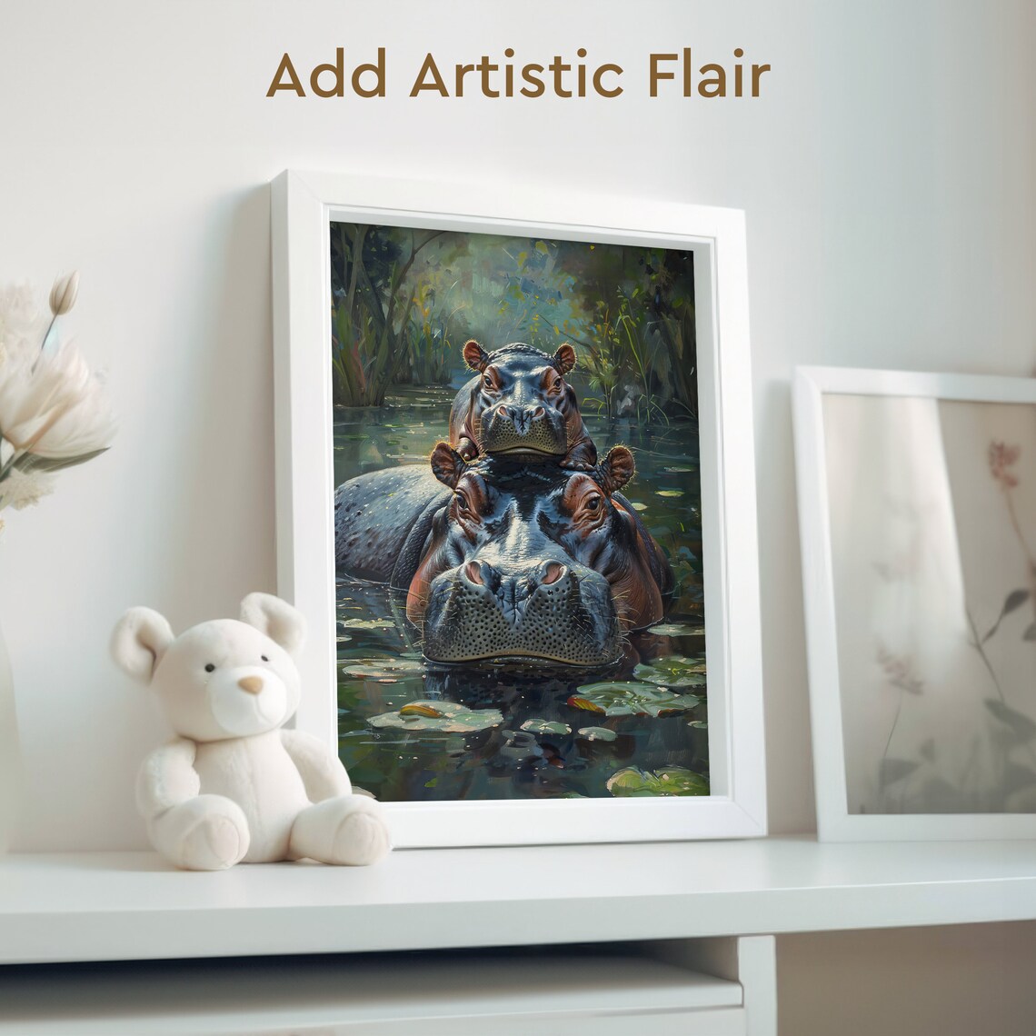 Hippopotamus Mother and Baby Swimming Together in a River Poster - Image 2