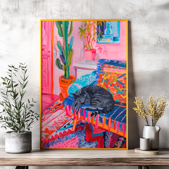 Gray Tabby Cat Napping On A Colorful Chair In A Pink Room Poster