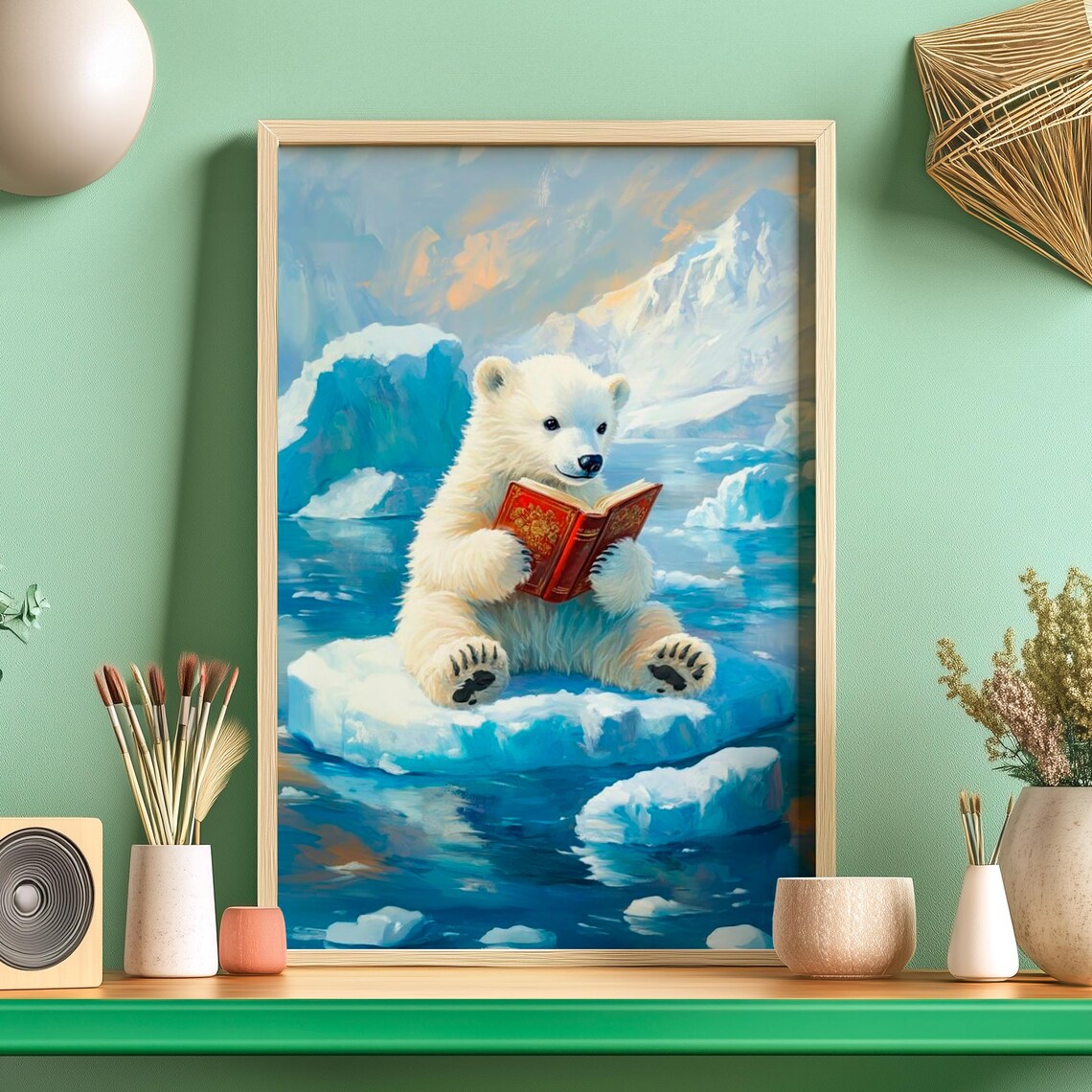 Bookworm Polar Bear Reading Book Art Print, Winter Nursery