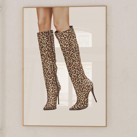 Knee High Leopard Boots Stiletto Heels Trendy Fashion Poster