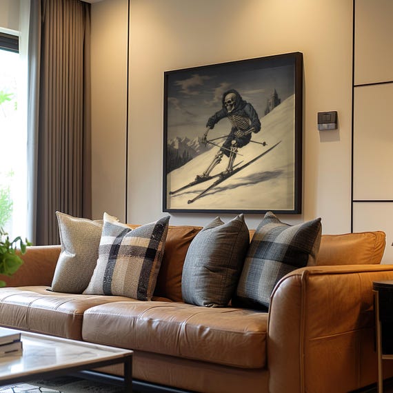 Surreal Skeleton Skiing Artwork Downhill Adventure Monochrome Gouache Print High Detail Gritty Vibe Dark
