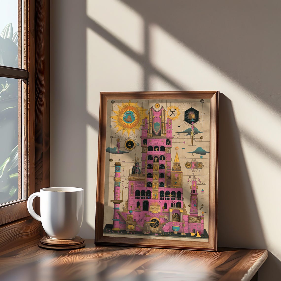 Pink Castle Clock Maximalist Pixel Art Pastel Dreamy Vibe Detailed Illustration Wall Decor Fantasy Poster
