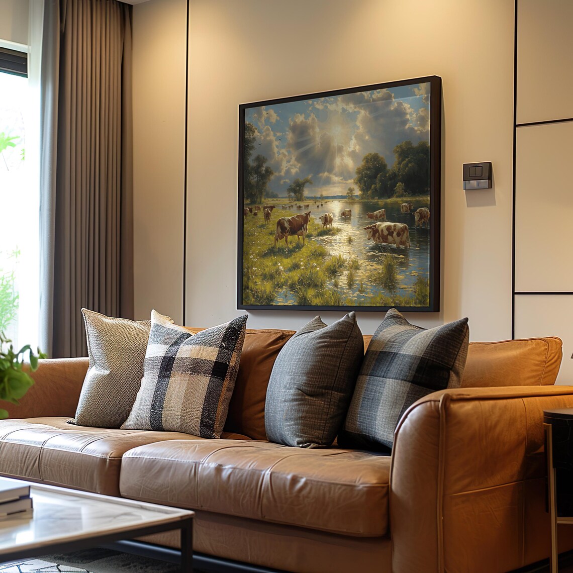 Cows Wading in River Under Sunbeams Pastoral Painting Wall Art