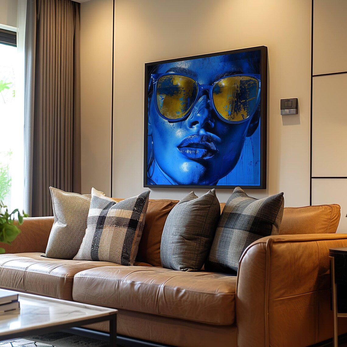 Blue Woman Gold Sunglasses Pop Art Neon Portrait Modern Poster