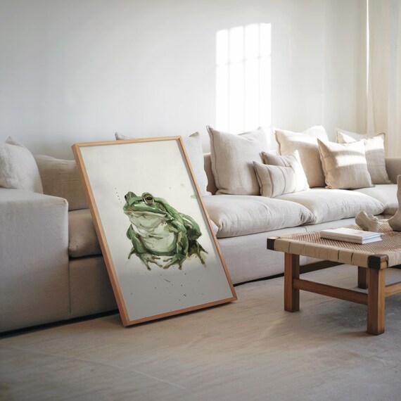 Frog Sitting Impressionistic Poster Gouache Watercolor Muted Colors Monochrome Palette Detailed Glossy Artwork Art