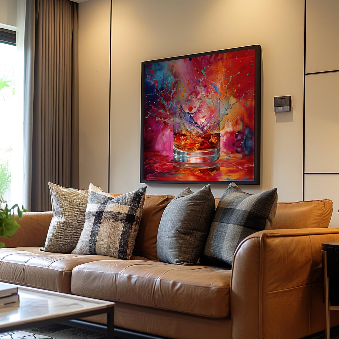 Colorful Whiskey Glass Splash Poster Abstract Neon Alcohol Art Decor