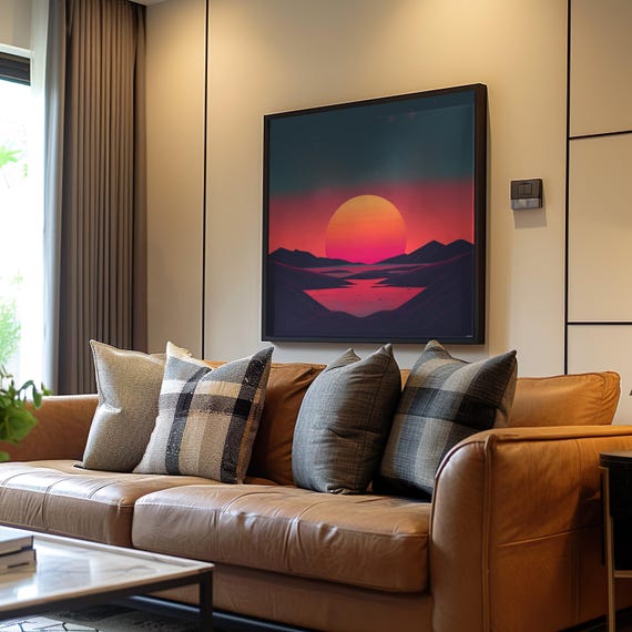 Synthwave Retrofuturism Sunset Vector Art Poster Pixel Neon Colors Mountain Landscape Water Reflection Vibe