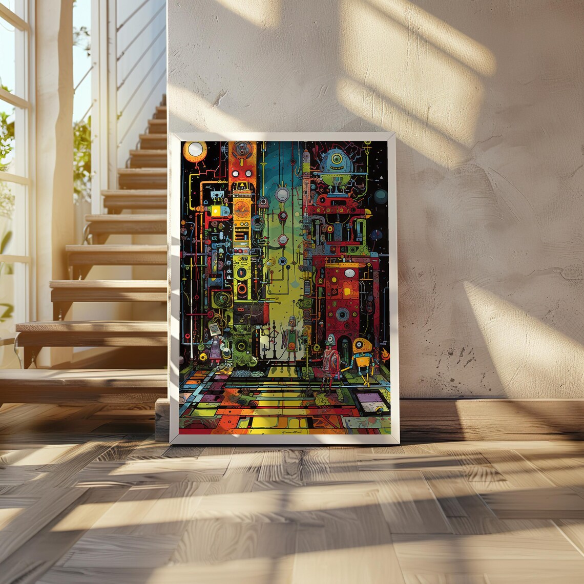 Cityscape Screen Print Retrofuturism Art Vibrant Cool Tones Detailed Illustration Maximalist Style Unique 20 X 28