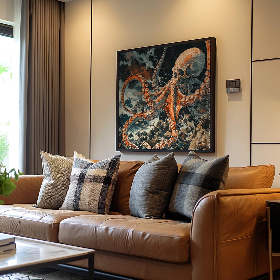 Psychedelic Orange Octopus Ocean Poster Tentacle Art Dark Waves