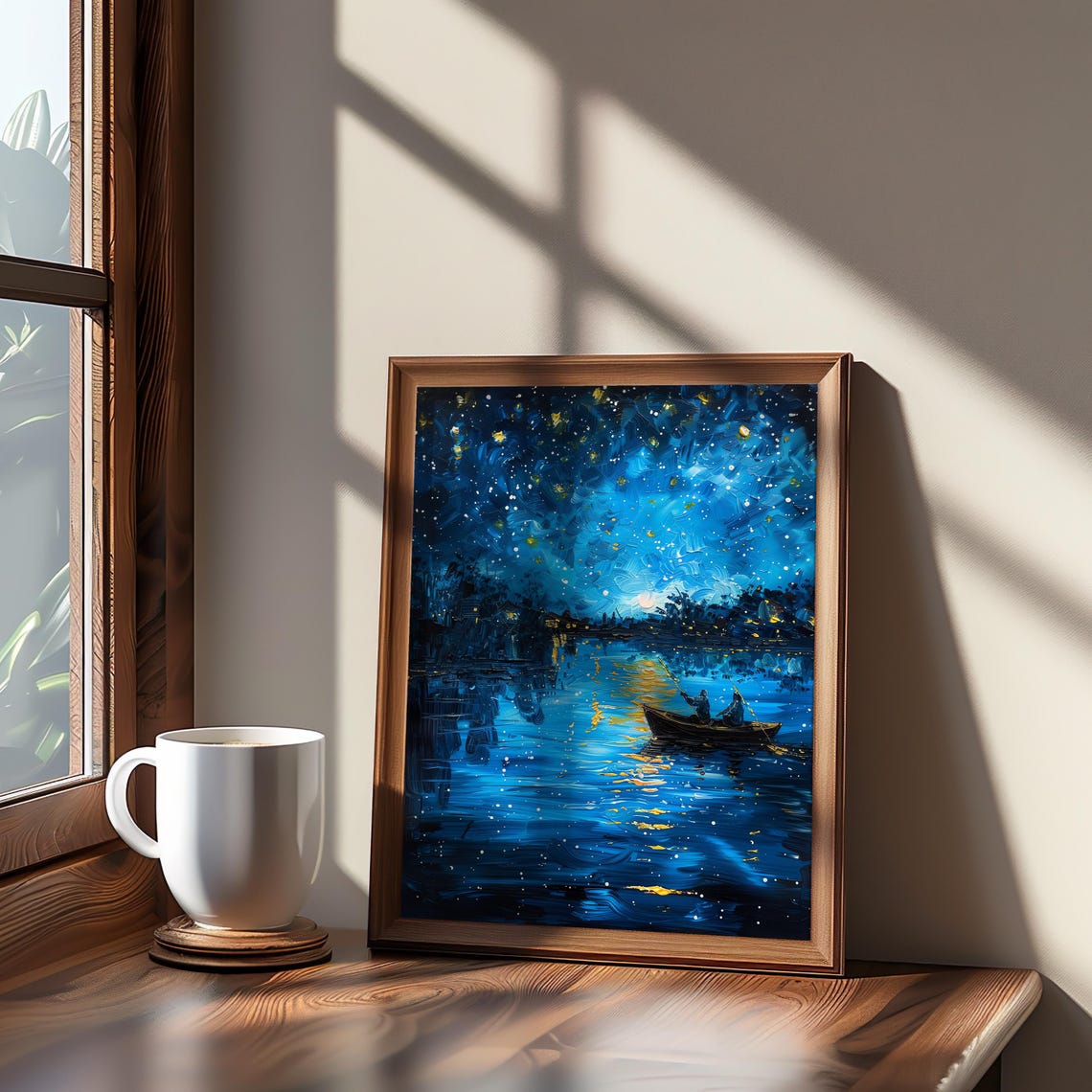 Starry Night Boat Moonlit Lake Impressionist Painting Poster Art