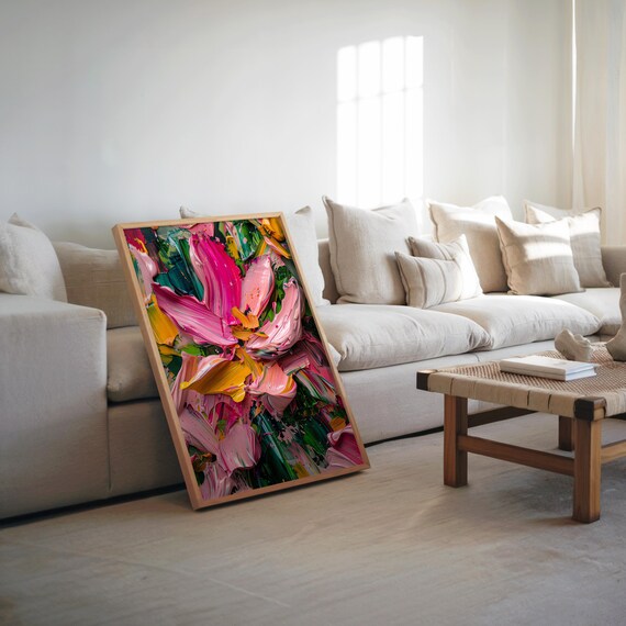 Bold Pink Flowers Textured Impasto Floral Oil Painting Print