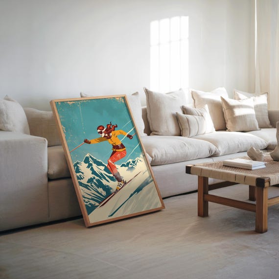 Skiing Woman Midcentury Retrofuturism Style Vector Art Poster Muted Vibrant Colors Retro Vibe