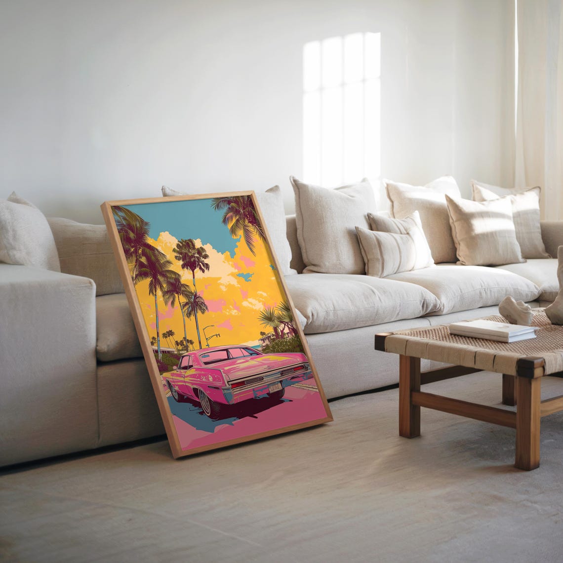 Pink Classic Muscle Car Palm Trees Sunset Pop Art Style Poster