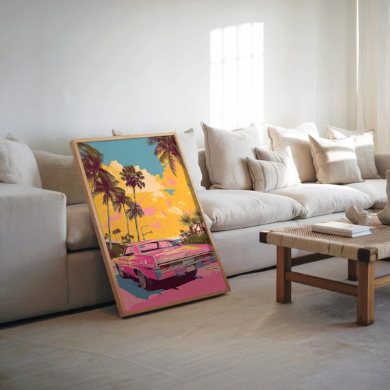Maximalist Retrofuturism Pink Car Palm Trees Poster Vibrant Colorful Illustration Screen Print Wall Art Modern