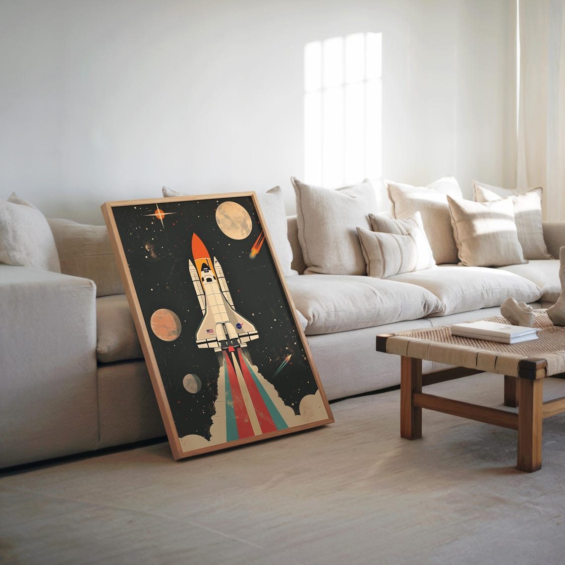 Space Shuttle Launch Retro Midcentury Planets Starry Sky Art Poster