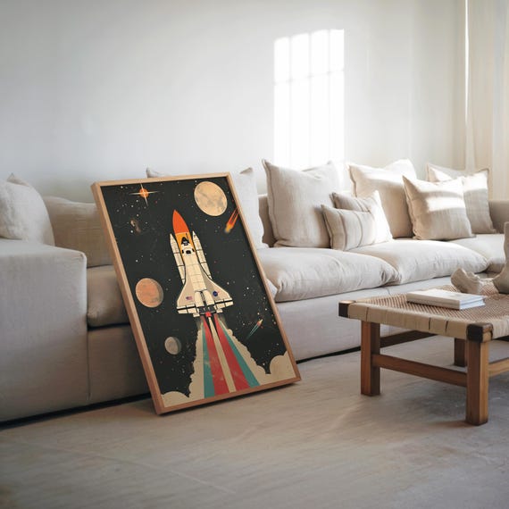 Retrofuturism Space Shuttle Art Midcentury Modern Design Cool Tones Vector Illustration Vintage Vibe Print