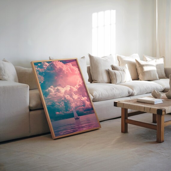 Sailboat Under Dramatic Pink Clouds Pastel Seascape Art Poster