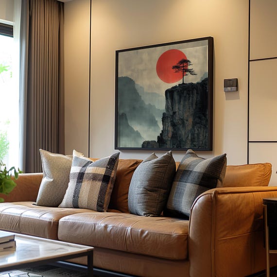 Minimalist Red Sun Mountain Tree Poster Print Art Cliff Landscape Modern Decor Wall Abstract Nature Home Dcor