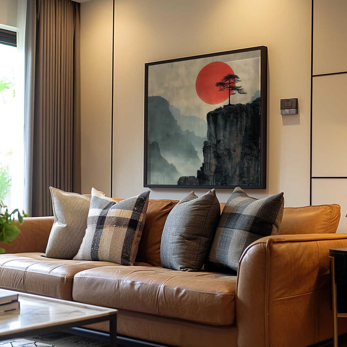 Minimalist Red Sun Mountain Tree Poster Print Art Cliff Landscape Modern Decor Wall Abstract Nature Home Dcor