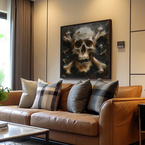 Skull And Crossbones Oil Painting Pirate Art Decor Wood Canvas Gothic Wall Stylized Poster Halloween Home Decoration
