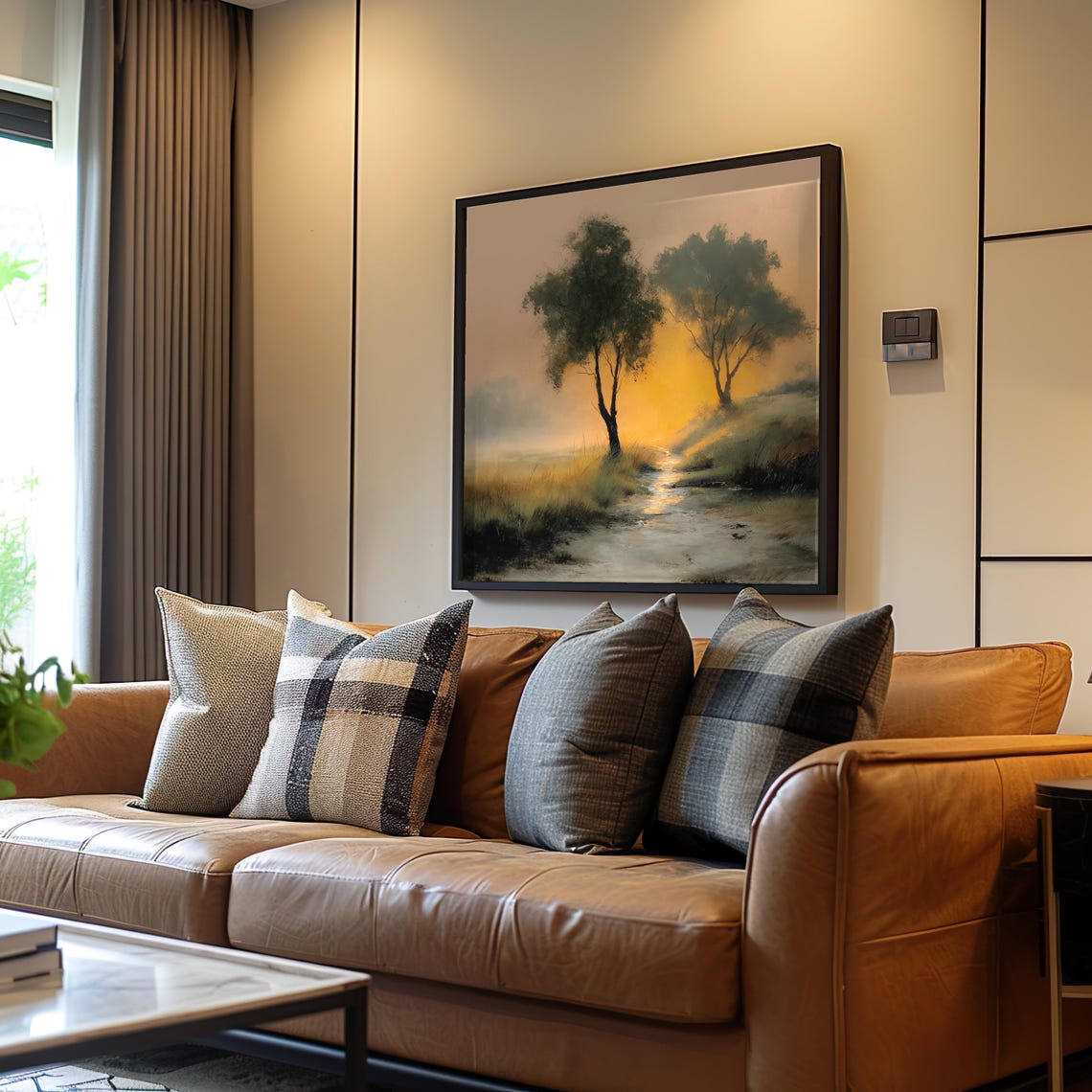 Two Trees Beside Misty Path at Golden Sunset Painting Wall Art
