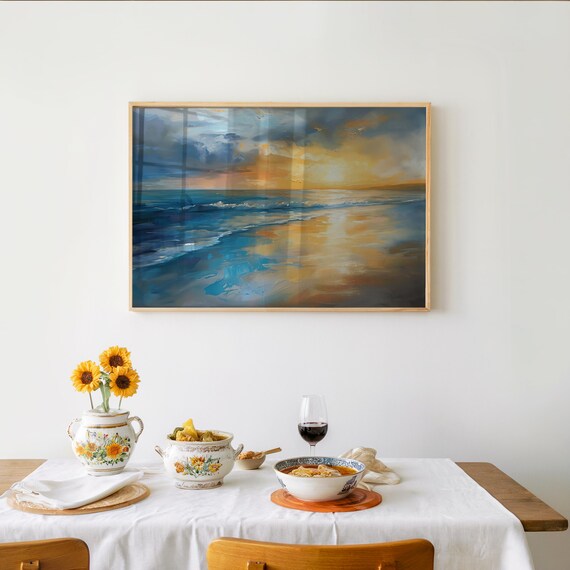 Sunset Ocean Waves Impressionist Gold Blue Seascape Art Print