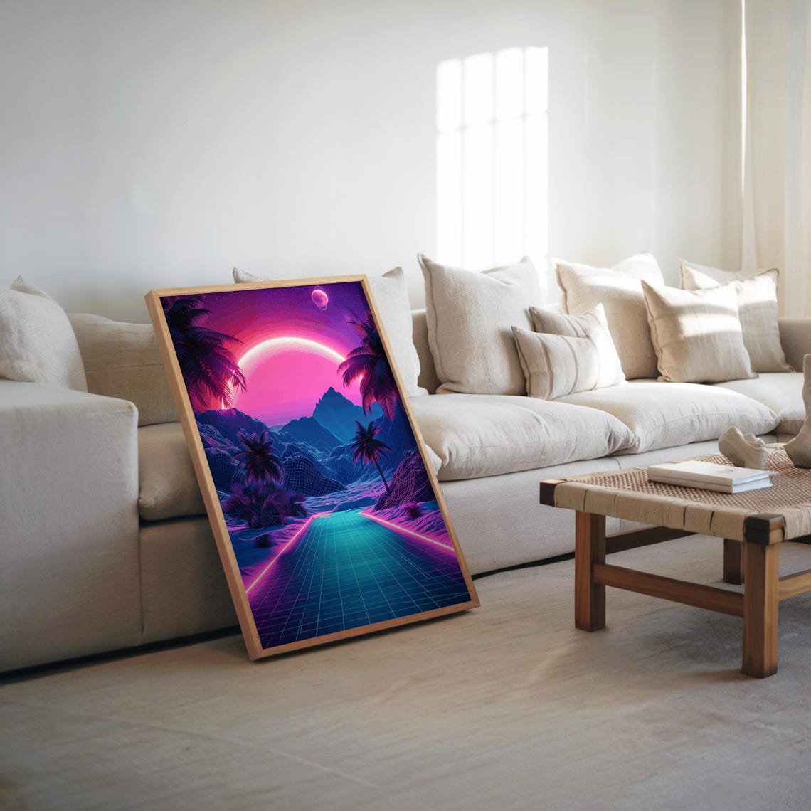 Synthwave Retro Grid Sunset Palm Trees Neon Landscape Poster
