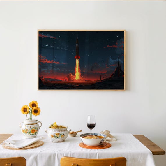 Retrofuturism Rocket Launch Poster Midcentury Modern Style Moon Background Painting War Palette Space Art