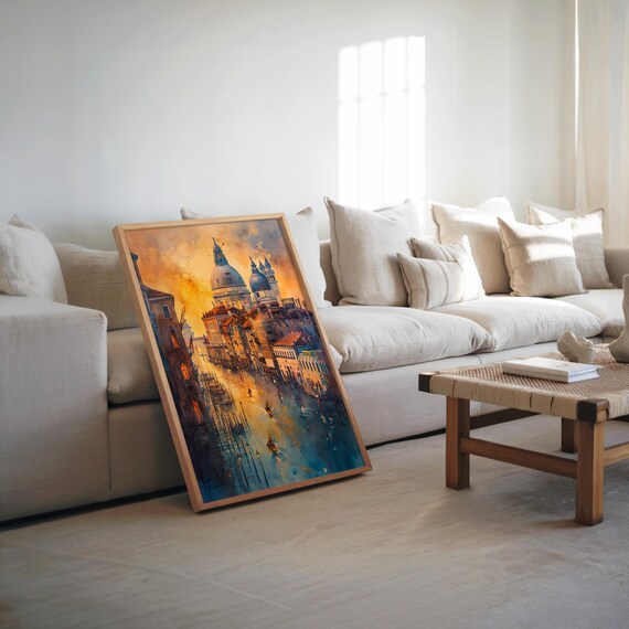 Cityscape Boat Art Watercolor Oil Painting Warm Tones Cinematic Dreamy Poster Nautical Decor Wall Urban Landscape