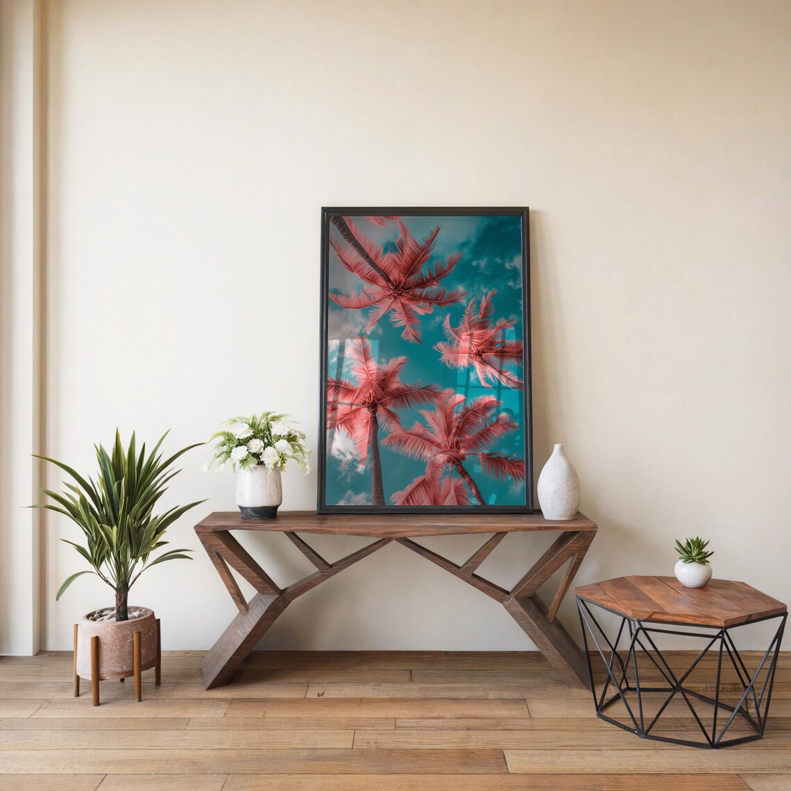 Pink Palm Trees Teal Sky Dreamy Tropical Surreal Photo Poster