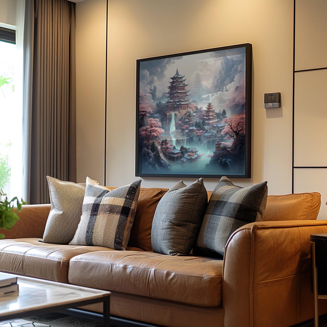 Misty Asian Temple Pagoda Cherry Blossom Fantasy Mountain Wall Art
