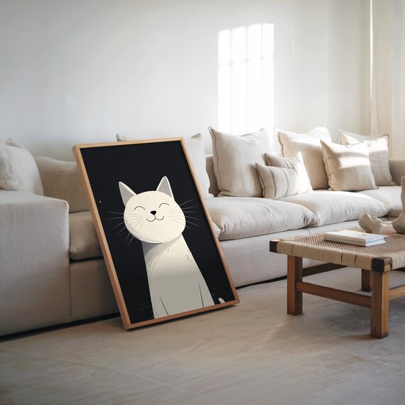 Minimalist Smiling White Cat On Black Midcentury Modern Art Poster