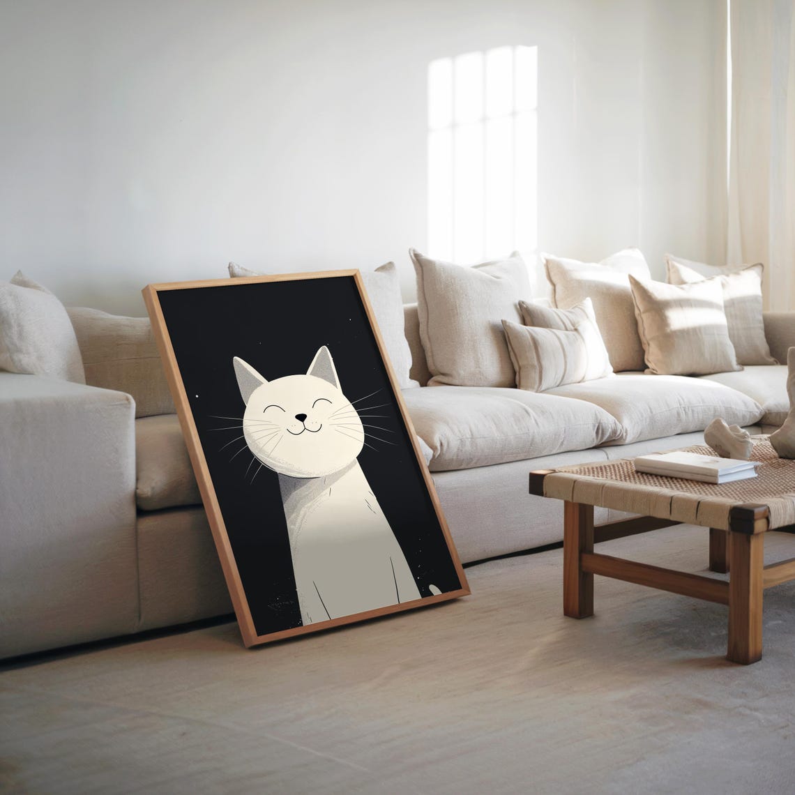 Minimalist Smiling White Cat On Black Midcentury Modern Art Poster