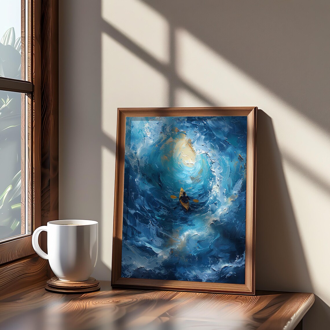 Impressionistic Kayak Journey Dreamy Blue Water Golden Light Art Poster