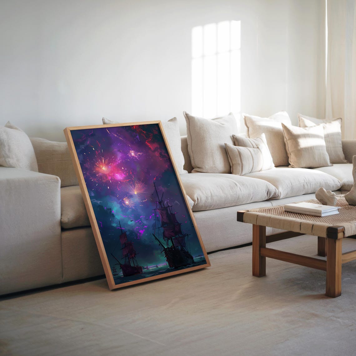 Fantasy Pirate Ships Under Fireworks Galaxy Night Sky Epic Art Poster