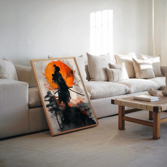 Samurai Sword Rock Anime Manga Art Illustration Warm Cool Tones Cinematic Glow Wall Decor Asian Warrior Poster