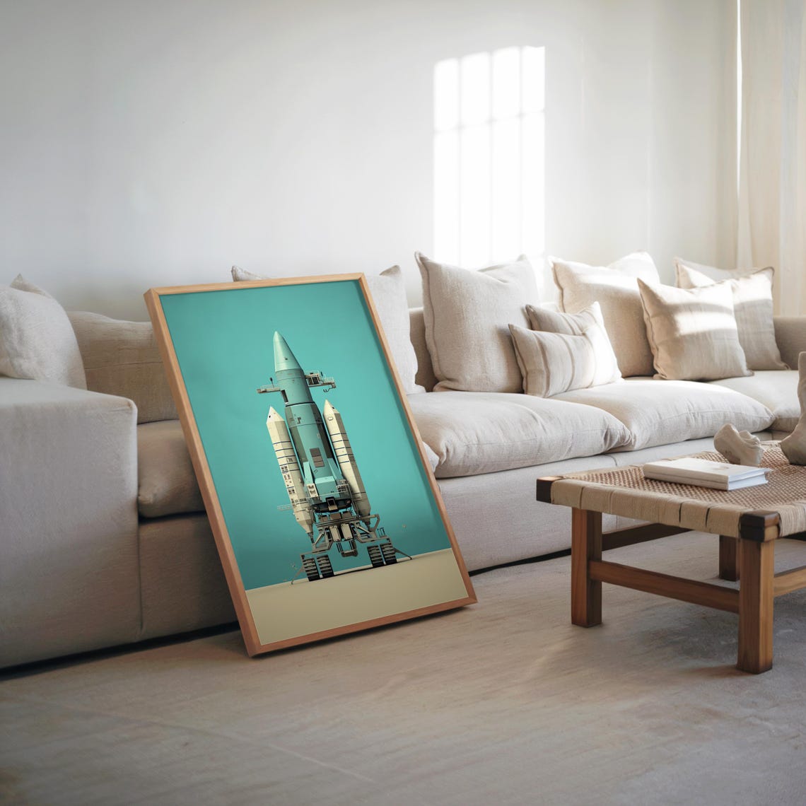Space Shuttle Rocket Launchpad Retro Teal Midcentury Style Poster