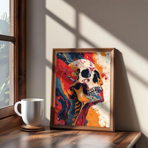 Psychedelic Skull Wall Art Print Vibrant Colors Neon Palette Retro Vibe Illustration Maximalist Style Spl