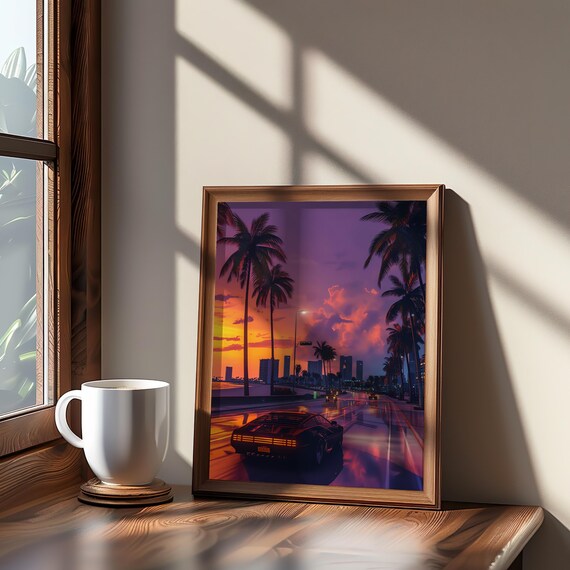 Retro Sunset Drive Sports Car Palm Beach Road Neon Art Poster