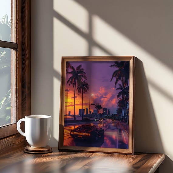 Urban Sunset Drive City Street Art Palm Tree Poster Car Print Beach Road Wall Decor