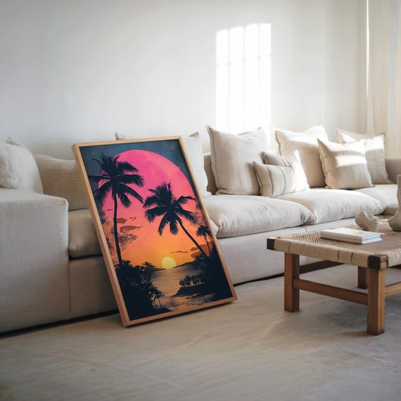Synthwave Palm Tree Sunset Vector Art Poster Vibrant Neon Colors Retro Print Dreamy Vibe Wall