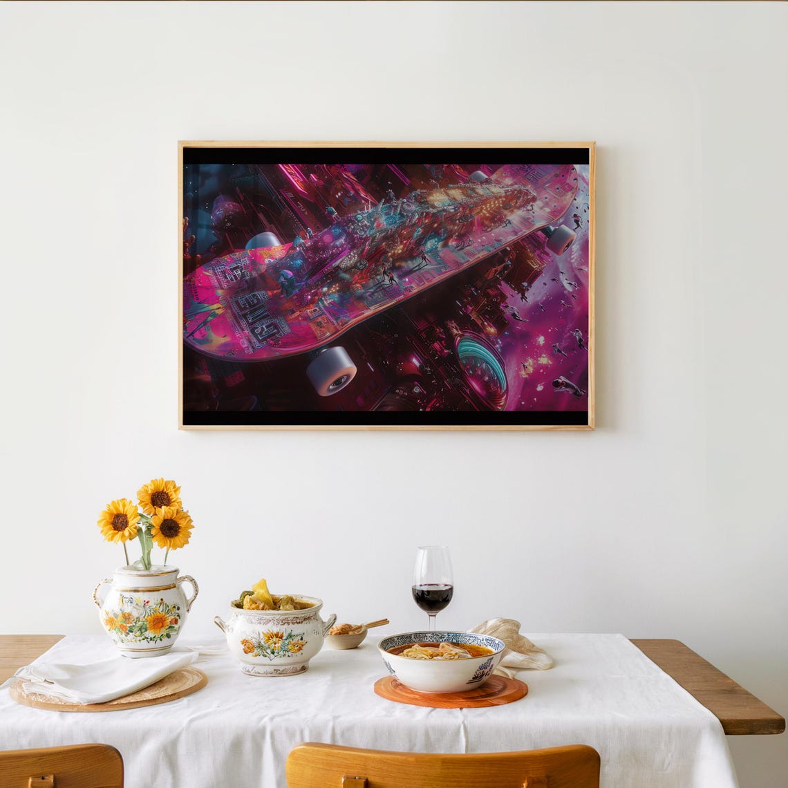 Psychedelic Neon Skateboard Poster Retro Futurism City Lights Art