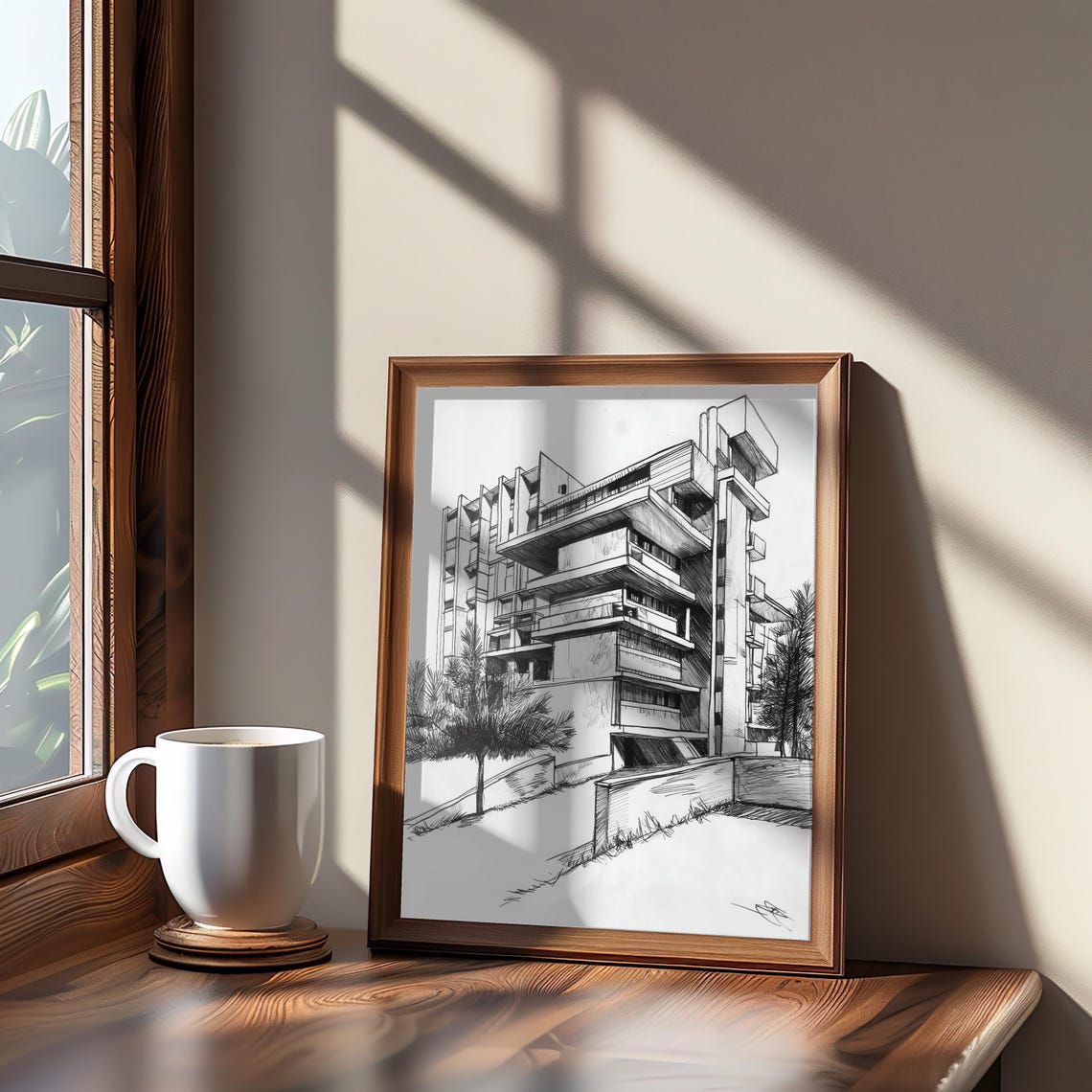 Modernist Concrete Building Architectural Pencil Sketch Art Print